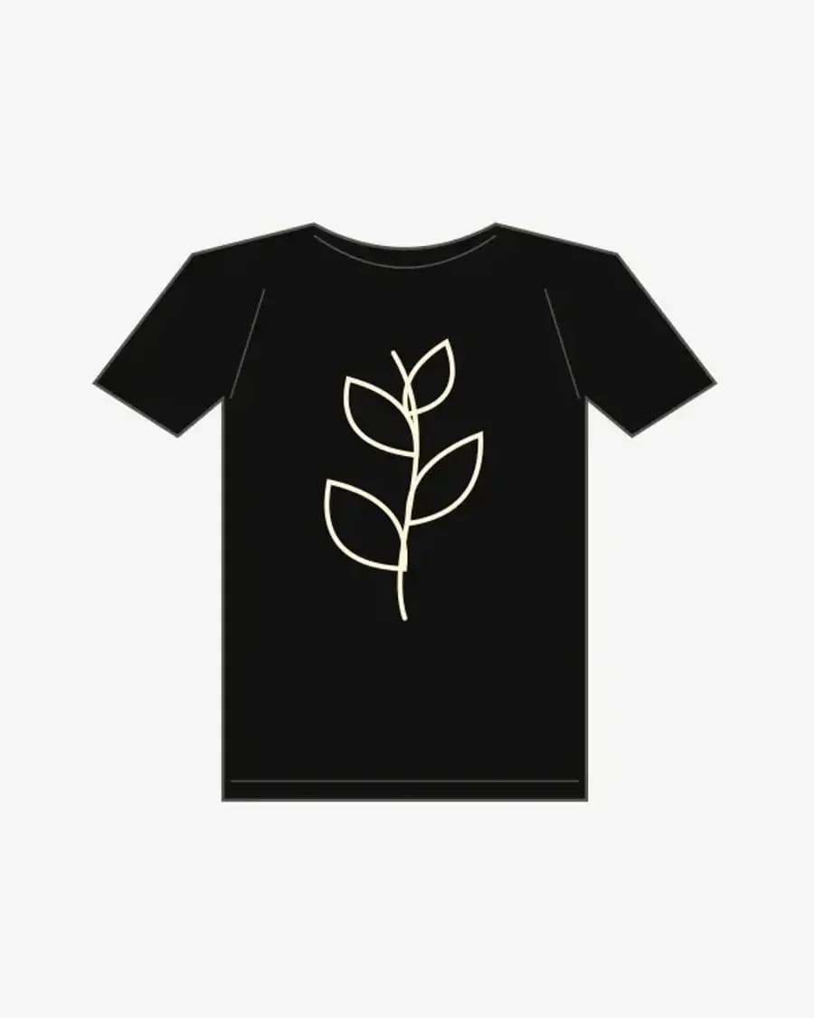 Black tee with a cream line drawing of a leafy branch printed on the chest